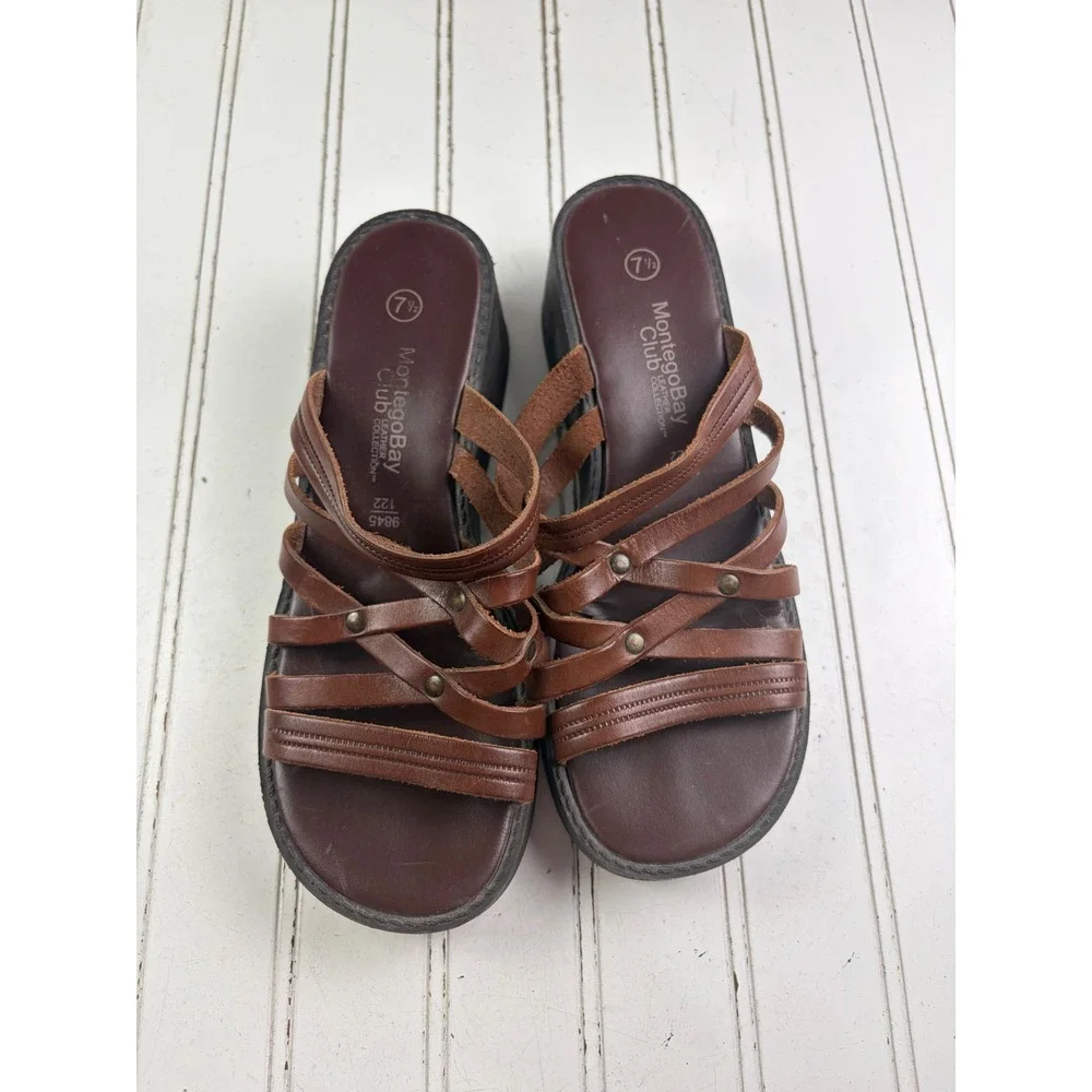 Montego Bay Vintage Y2K Brown Leather Strappy Platform Sandals Women's Size 7.5